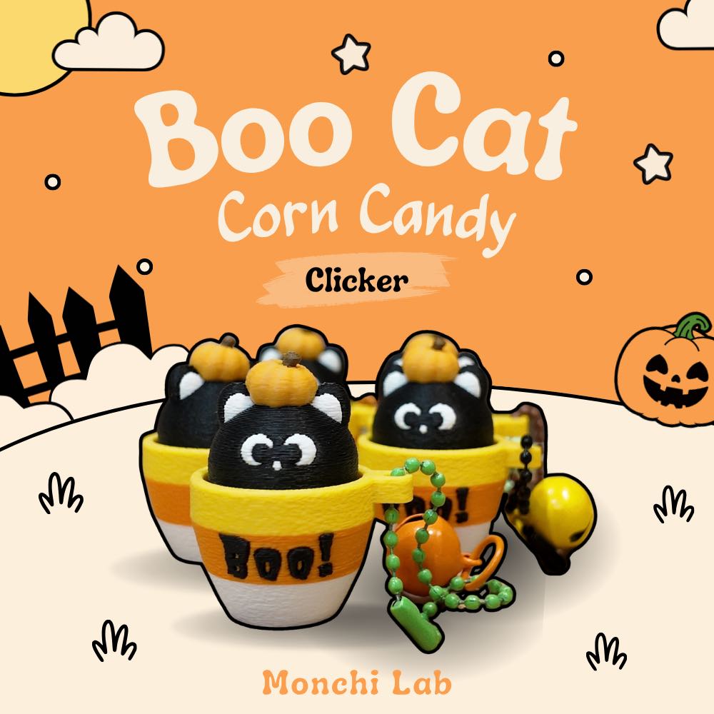 Boo Cat Candy Corn Halloween Clicker Keychain